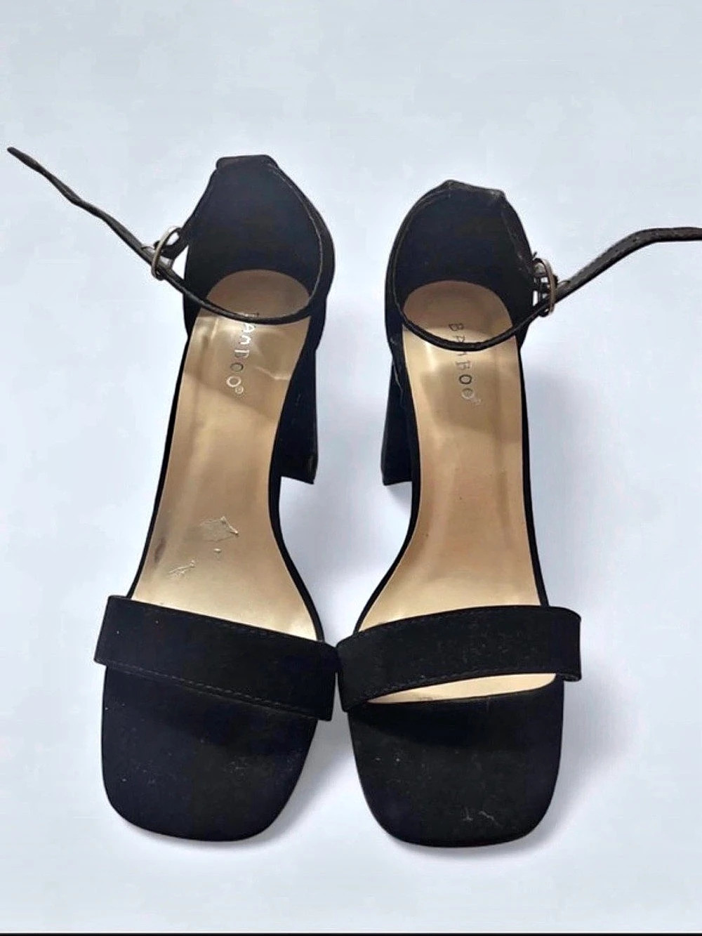 Bamboo Block Heel Ankle Strap Sandals in Black